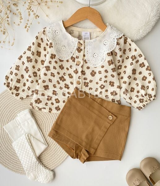 Milla Leopar Desenli Müslin Gömlekli Şort Etekli Takım (Külotluçorap Hediyeli ) 18-24 AY