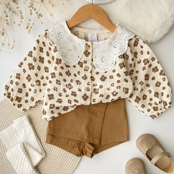 Milla Leopar Desenli Müslin Gömlekli Şort Etekli Takım (Külotluçorap Hediyeli )