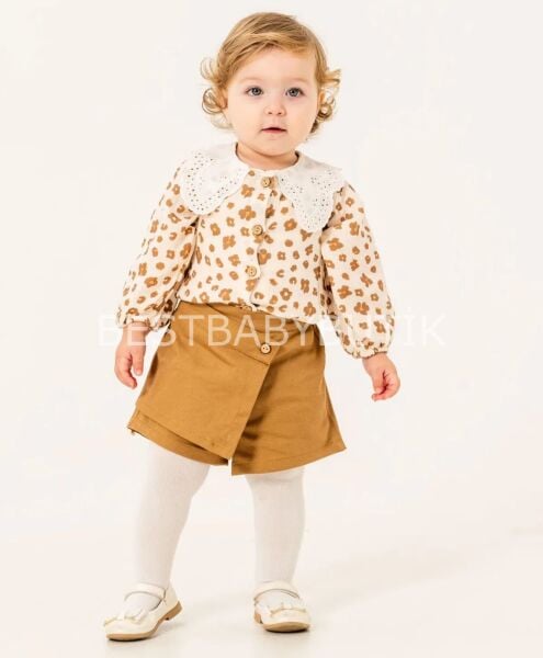 Milla Leopar Desenli Müslin Gömlekli Şort Etekli Takım (Külotluçorap Hediyeli ) 18-24 AY