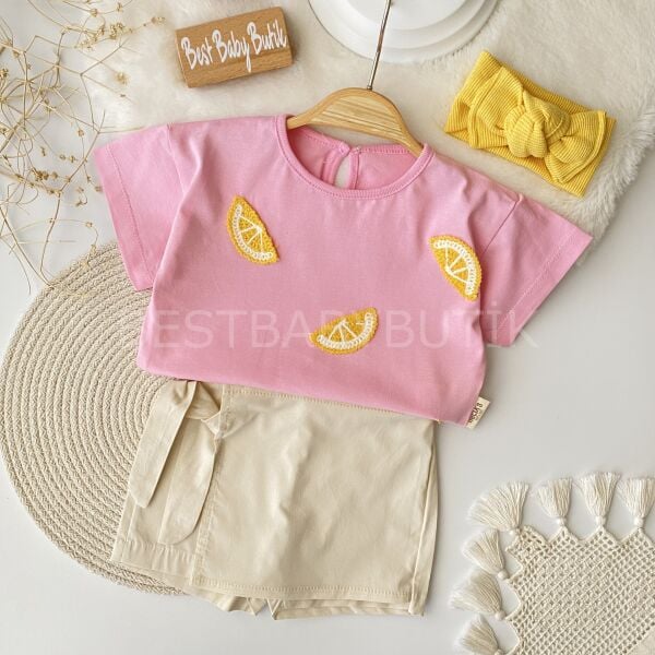 Limon Örgülü Oversize Şort Etekli Takım