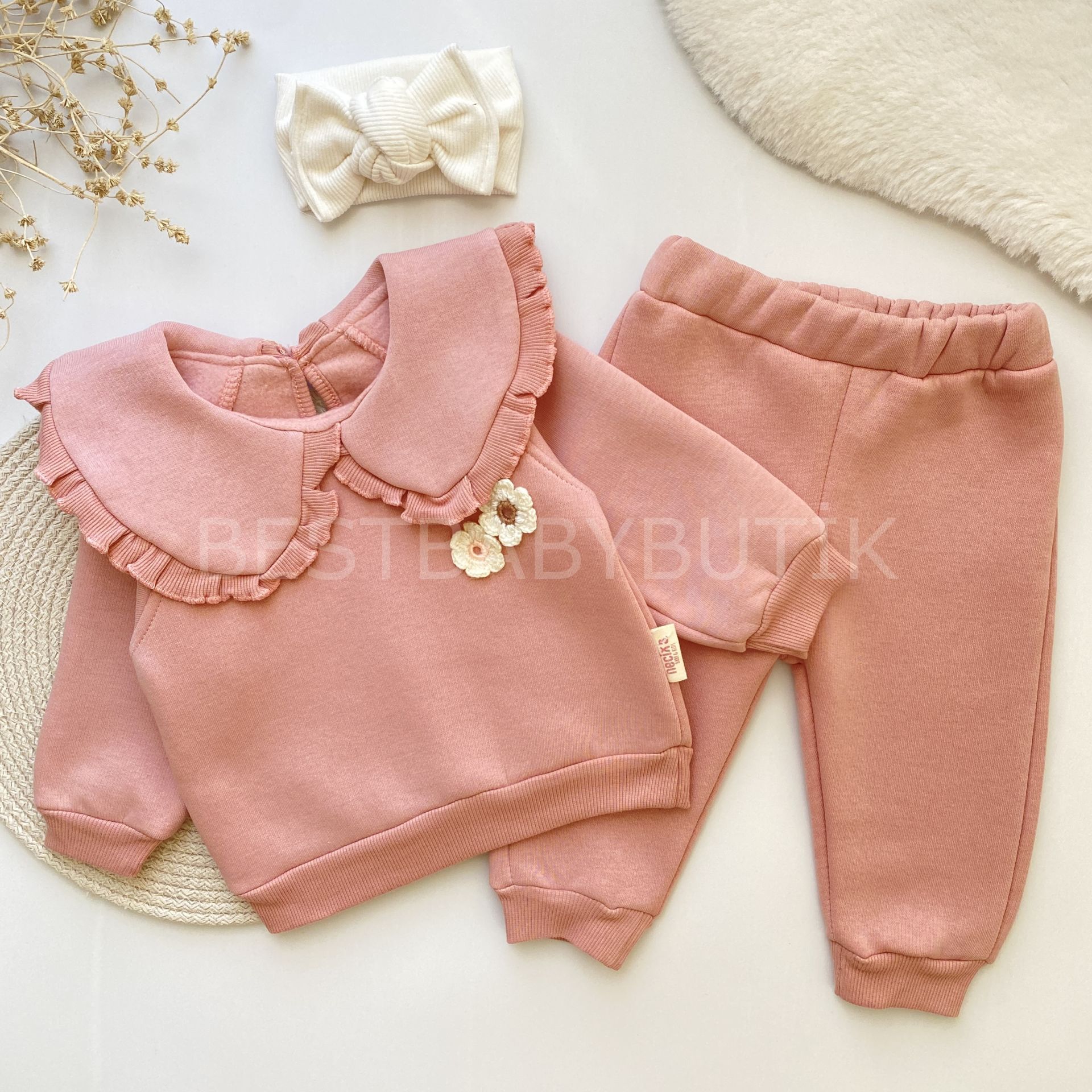 ELİS ÇİÇEK ÖRGÜLÜ BEBE YAKA ŞARDONLU  2’Lİ TAKIM