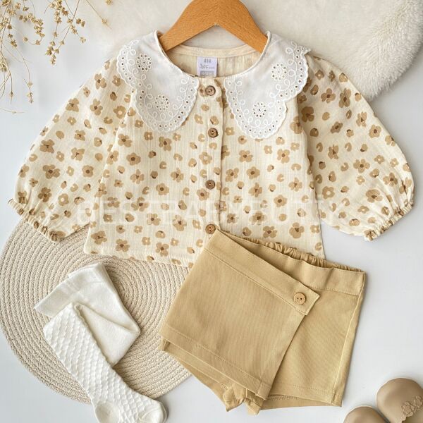 Milla Leopar Desenli Müslin Gömlekli Şort Etekli Takım (Külotlu Çorap Hediye) 12-18 AY
