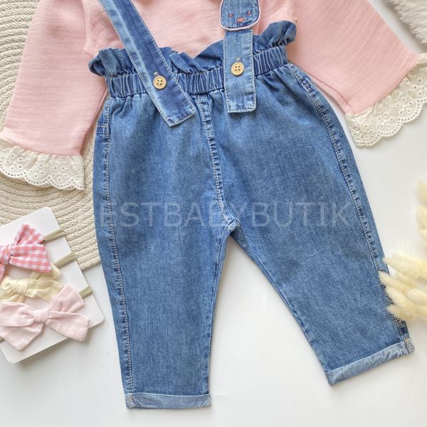 POPPY MÜSLİN FİSTO GÖMLEKLİ ASKILI KOT PANTOLONLU 2’Lİ TAKIM