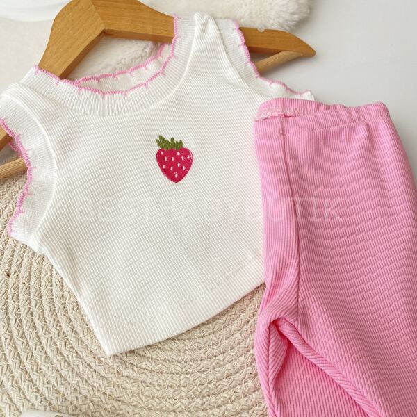 Çilek Nakışlı Crop Fitilli 2’Li Takım