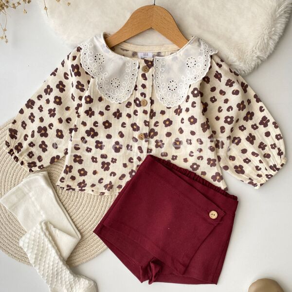 Milla Leopar Desenli Müslin Gömlekli Şort Etekli Takım (KülotluÇorap Hediye)