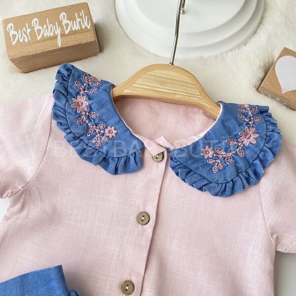 Çiçek Nakışlı Bebe Yaka Şort Etekli Takım 12-18 AY
