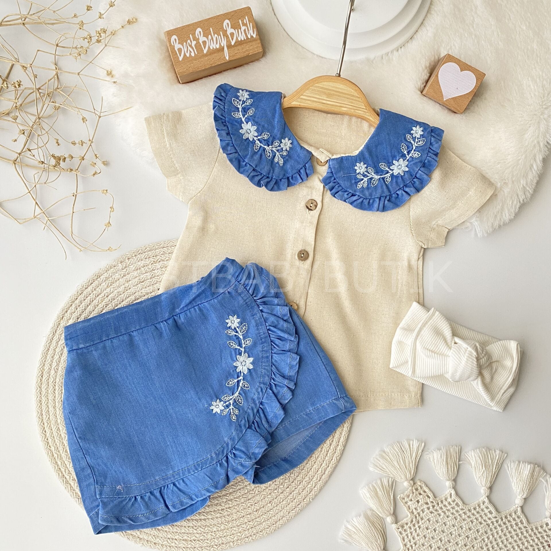 Çiçek Nakışlı Bebe Yaka Şort Etekli Takım 18-24 AY