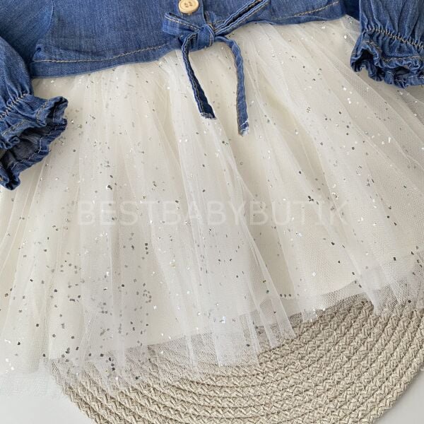 Ahşap Düğmeki Tütü Etekli Kot Elbise