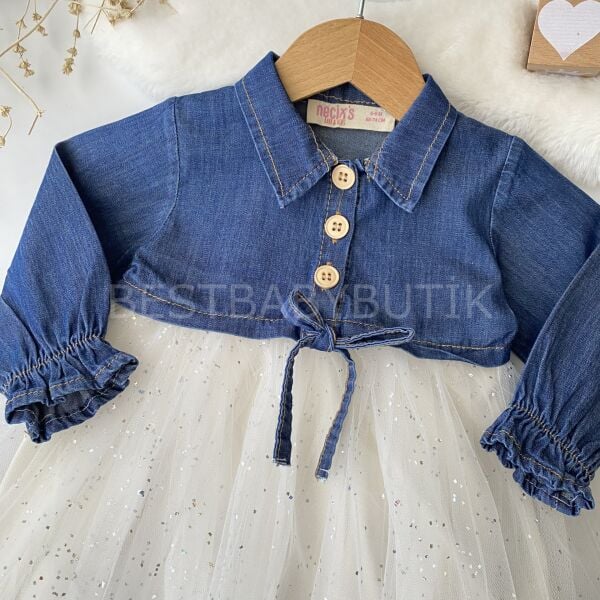 Ahşap Düğmeki Tütü Etekli Kot Elbise