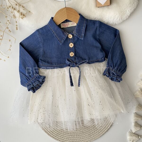 Ahşap Düğmeki Tütü Etekli Kot Elbise