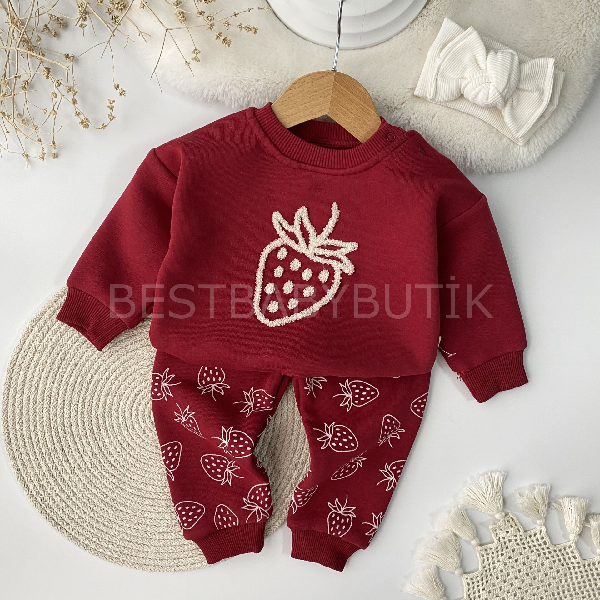 Çİlek Nakışlı Bordo Şardonlu 2’Li Takım