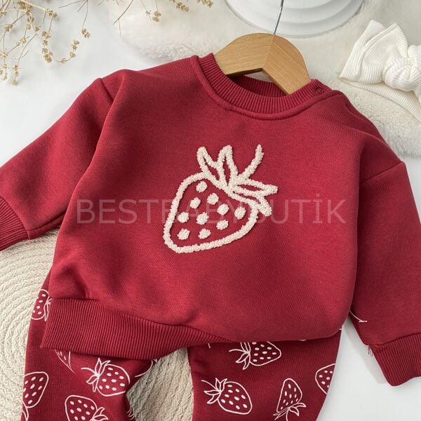 Çİlek Nakışlı Bordo Şardonlu 2’Li Takım