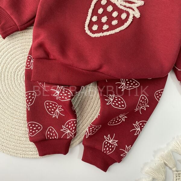 Çİlek Nakışlı Bordo Şardonlu 2’Li Takım