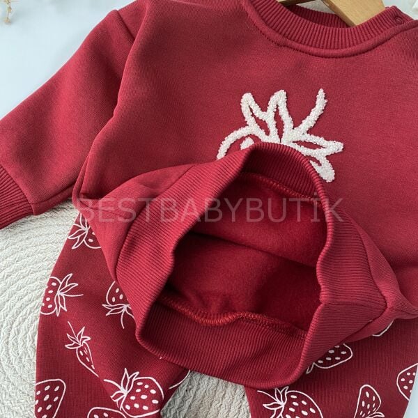 Çİlek Nakışlı Bordo Şardonlu 2’Li Takım