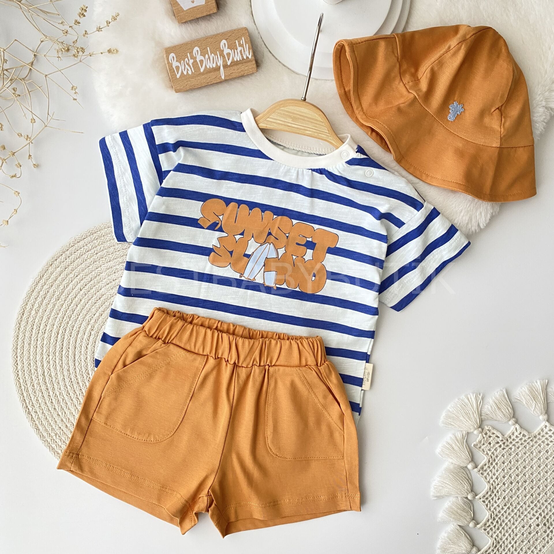 Sunset Baskılı Çizgili Ve Şapkalı 3’Lü Takım 18-24 AY