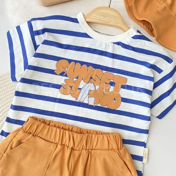 Sunset Baskılı Çizgili Ve Şapkalı 3’Lü Takım 18-24 AY