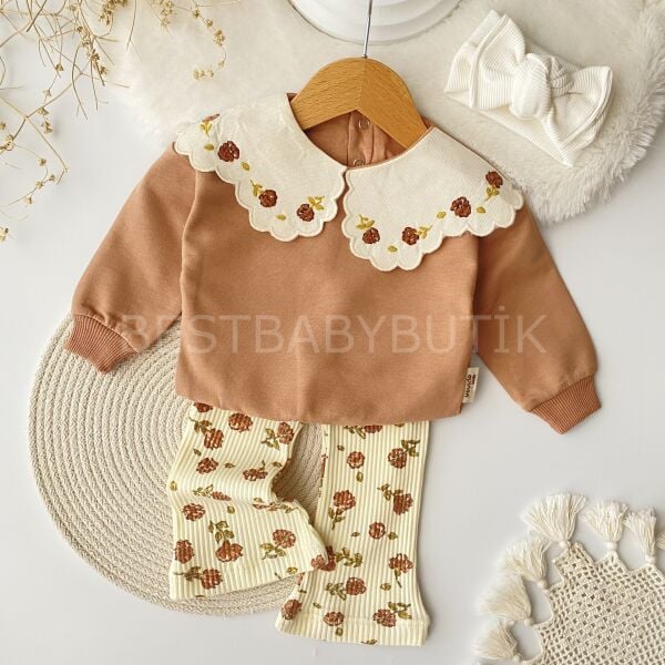 Gül Nakışlı Bebek Yaka Detaylı 2’Li Takım
