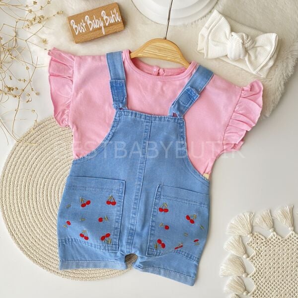 Kiraz Nakışlı Cepli Kot Salopet Ve Fırfırlı Tişört -DAR KALIP