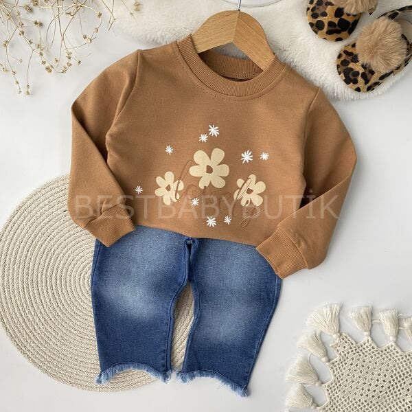 Çiçek Baskılı Püsküllü Kot Pantolonlu Takım