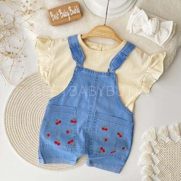 Kiraz Nakışlı Cepli Kot Salopet Ve Fırfırlı