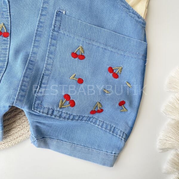 Kiraz Nakışlı Cepli Kot Salopet Ve Fırfırlı 18-24 AY