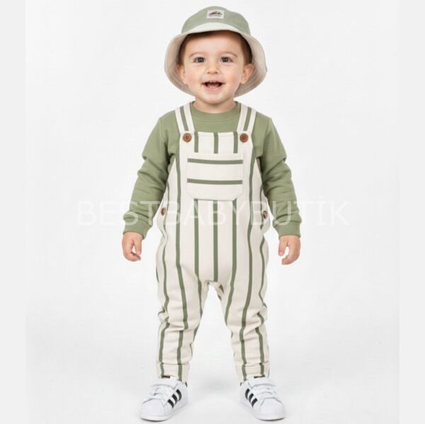 Çizgili Şapkalı 3’Lü Salopet Tulum Seti