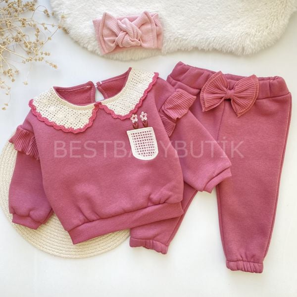 FİONA BEBEK YAKA DETAYLI ÇİÇEK NAKIŞLI ŞARDONLU KIŞLIK 2’Lİ ALT ÜST TAKIM