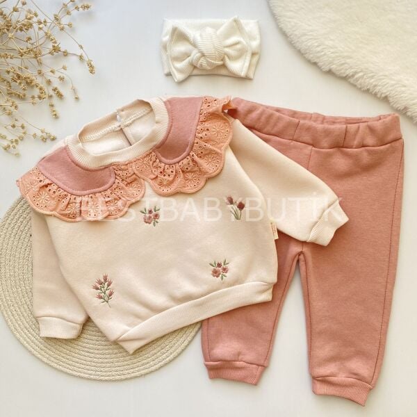 SOFİA ÇİÇEK NAKIŞLI BEBEK YAKA ŞARDONLU KIŞLIK ALT ÜST TAKIM