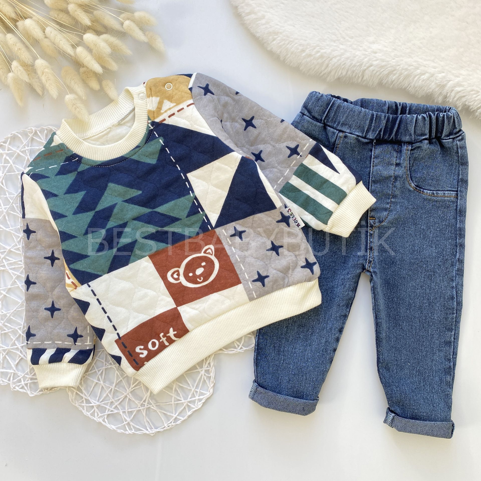 SOFT ÇİNİ DESENLİ KOT PANTOLONLU 2’Lİ TAKIM