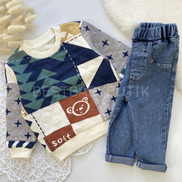 SOFT ÇİNİ DESENLİ KOT PANTOLONLU 2’Lİ TAKIM