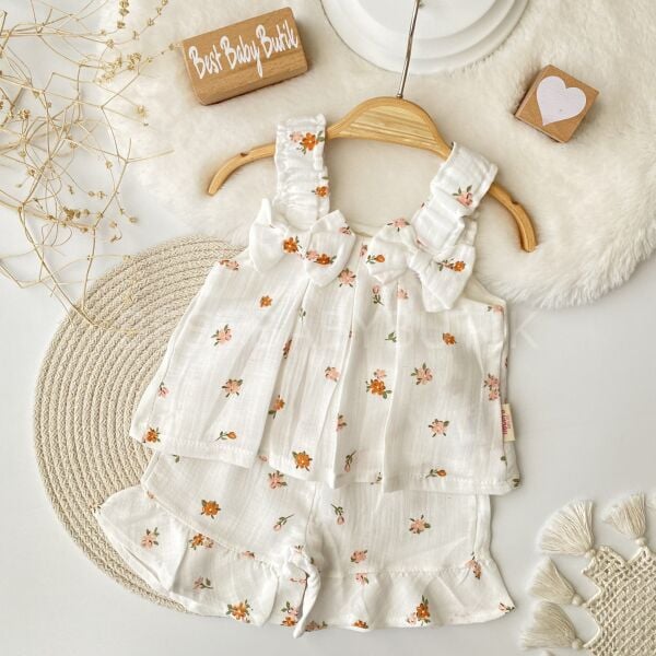 Turuncu Çıtır Çiçekli Fırfırlı Müslin Takım