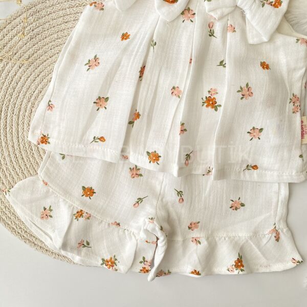 Turuncu Çıtır Çiçekli Fırfırlı Müslin Takım