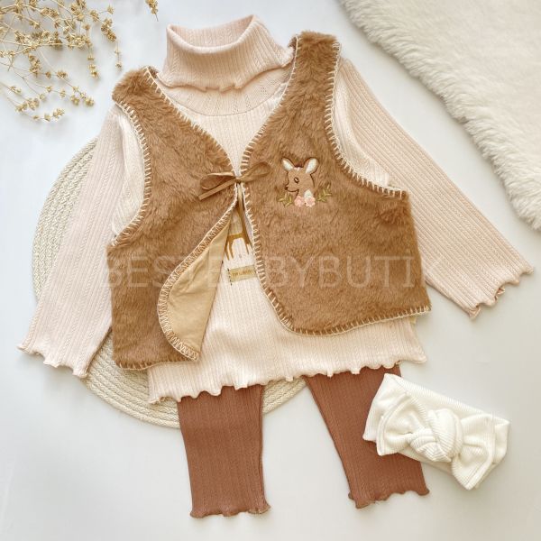 PONNY CEYLAN NAKIŞLI PELUŞ YELEKLİ 3’LÜ TAKIM