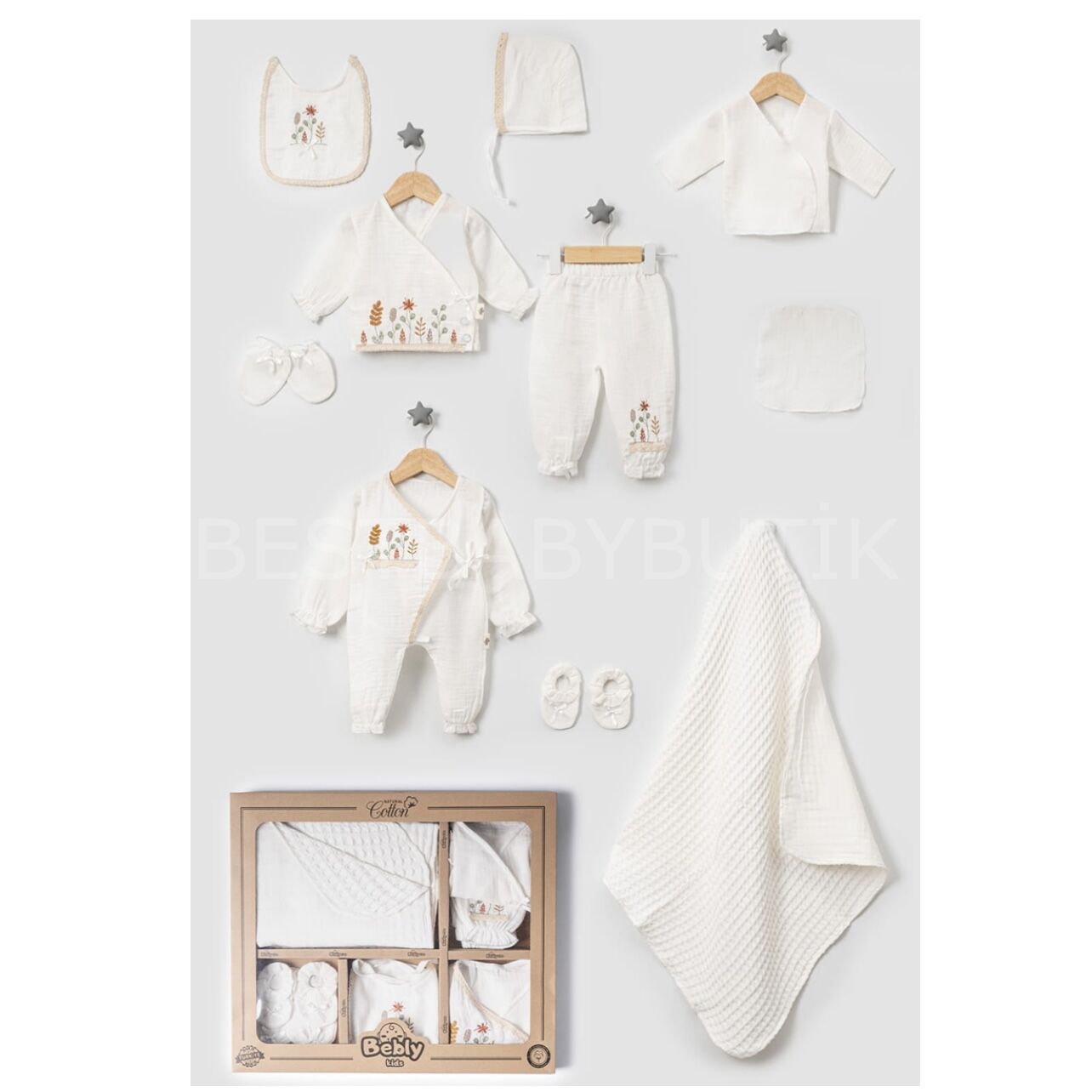 Bebly Müslin Çiçek Detaylı 10 Parça Hastane Çıkışı Seti