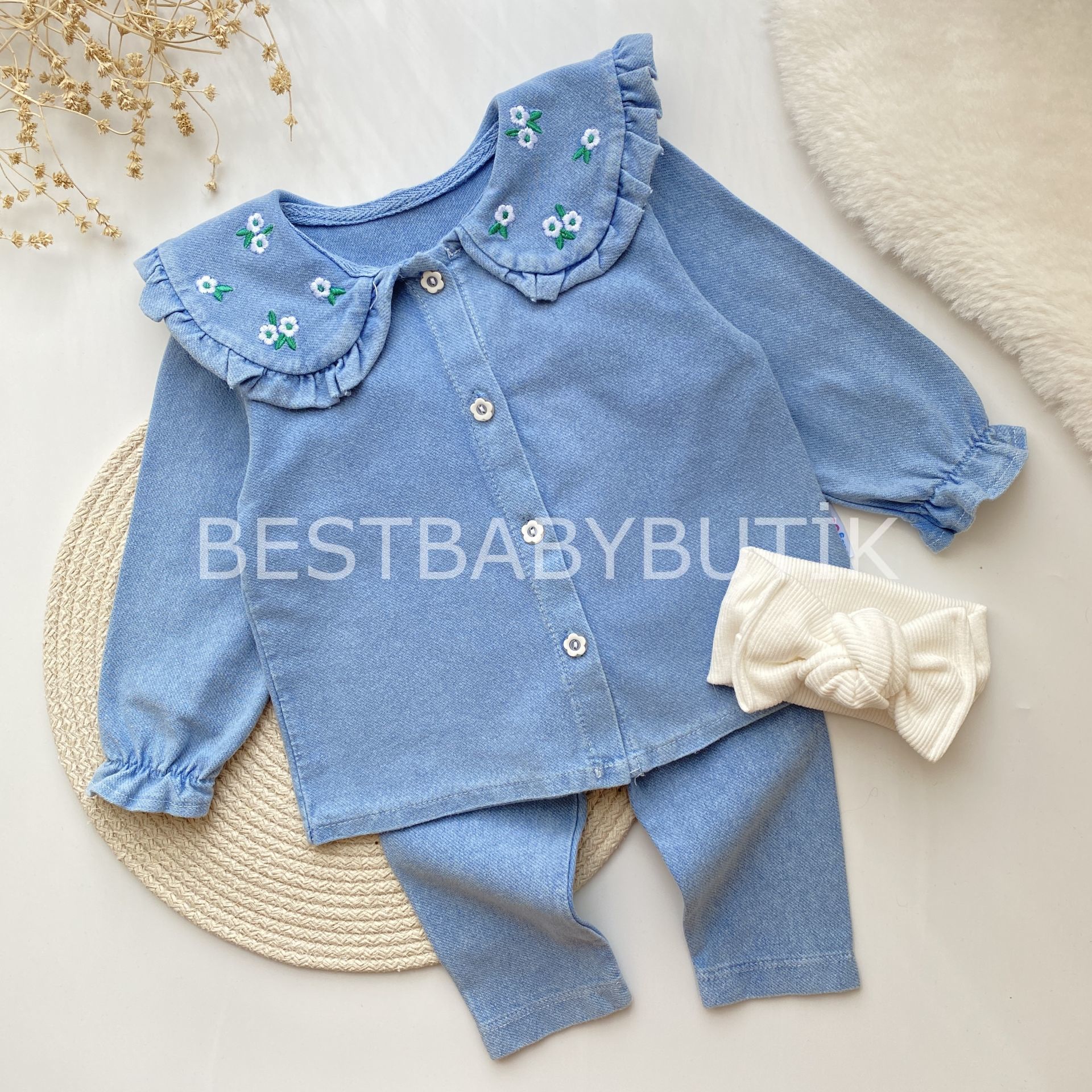 VİCTORİA ÇİÇEK NAKIŞLI BEBEK YAKA KOT 2’LI TAKIM