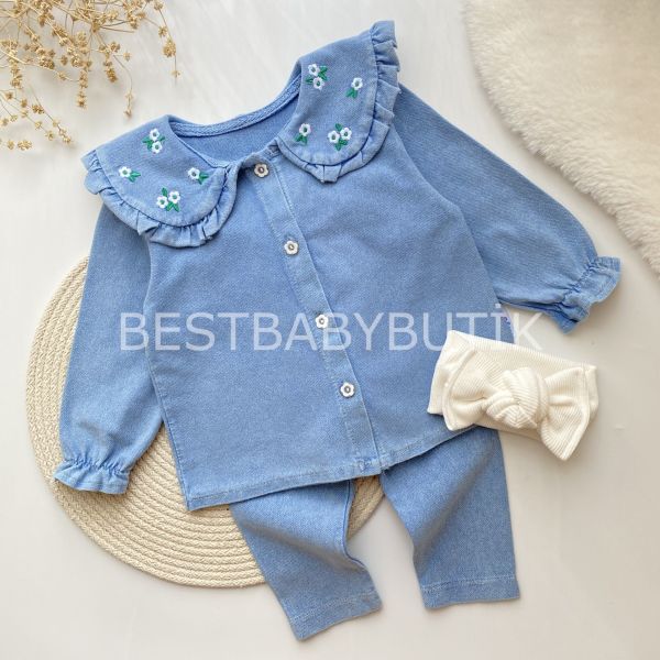 VİCTORİA ÇİÇEK NAKIŞLI BEBEK YAKA KOT 2’LI TAKIM