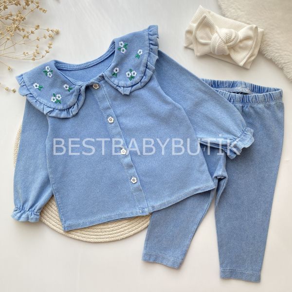 VİCTORİA ÇİÇEK NAKIŞLI BEBEK YAKA KOT 2’LI TAKIM