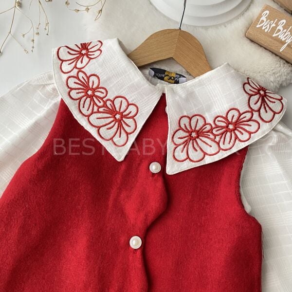 Premium Nakışlı Büyük Yakalı Gömlek Ve İnci Düğmeli Jile Elbise (3-10 YAŞ)