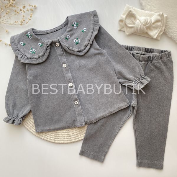 VİCTORİA ÇİÇEK NAKIŞLI BEBEK YAKA KOT 2’LI TAKIM