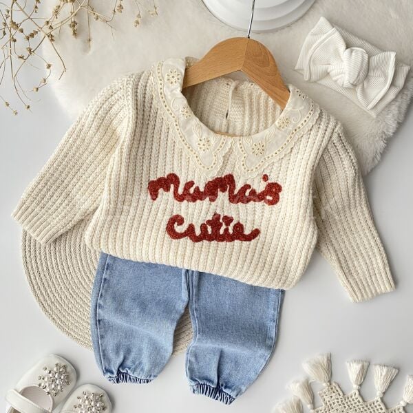 Mamas Cutie Nakışlı Fisto Yakalı Triko Kot Pantolonlu Takım