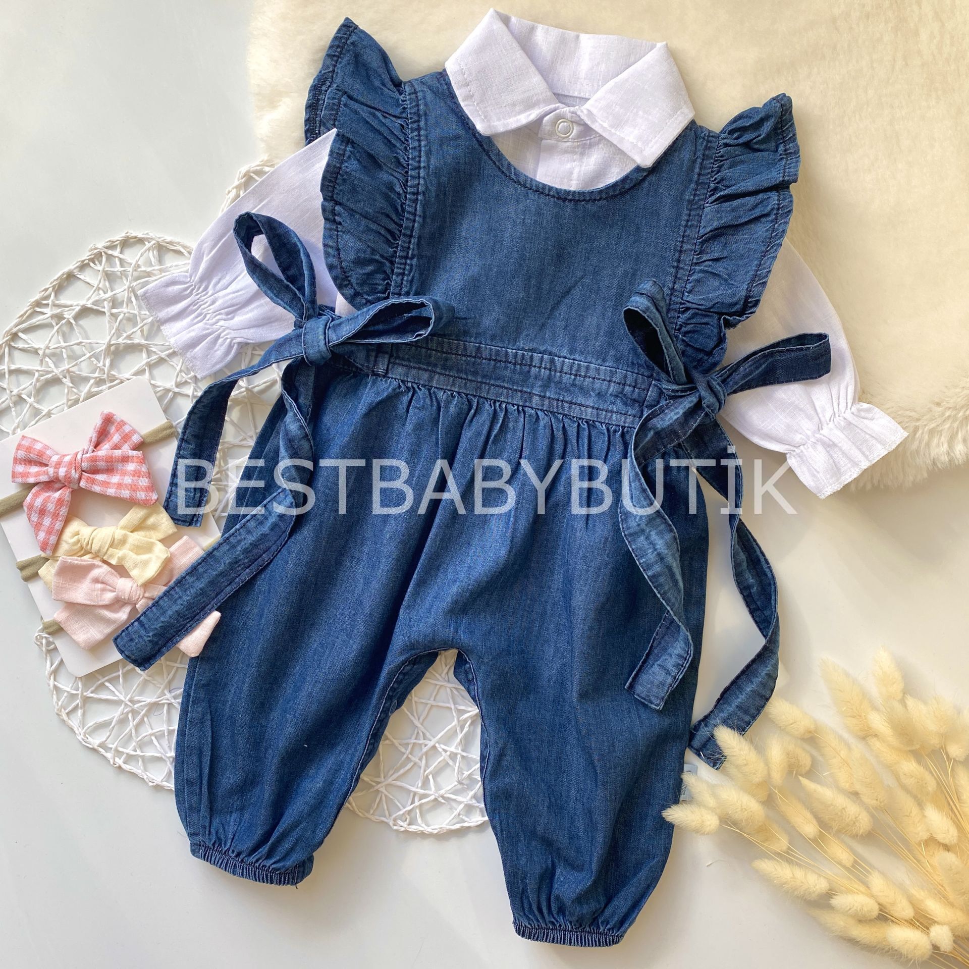 Flora Gömlek Detaylı Fırfırlı Yandan Bağlamalı Kot Tulum