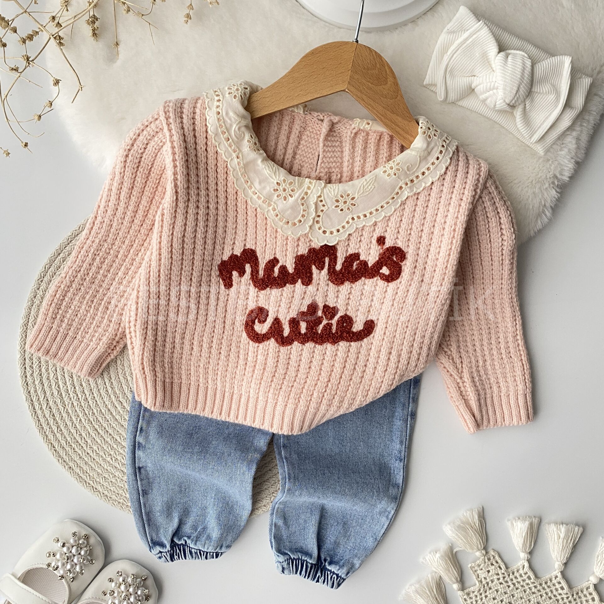 Mamas Cutie Nakışlı Fisto Yakalı Triko Kot Pantolonlu Takım