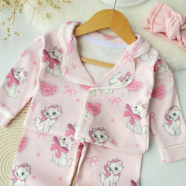 Kedicik Detaylı Gömlek Yaka Pijama Takımı