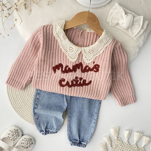 Mamas Cutie Nakışlı Fisto Yakalı Triko Kot Pantolonlu Takım