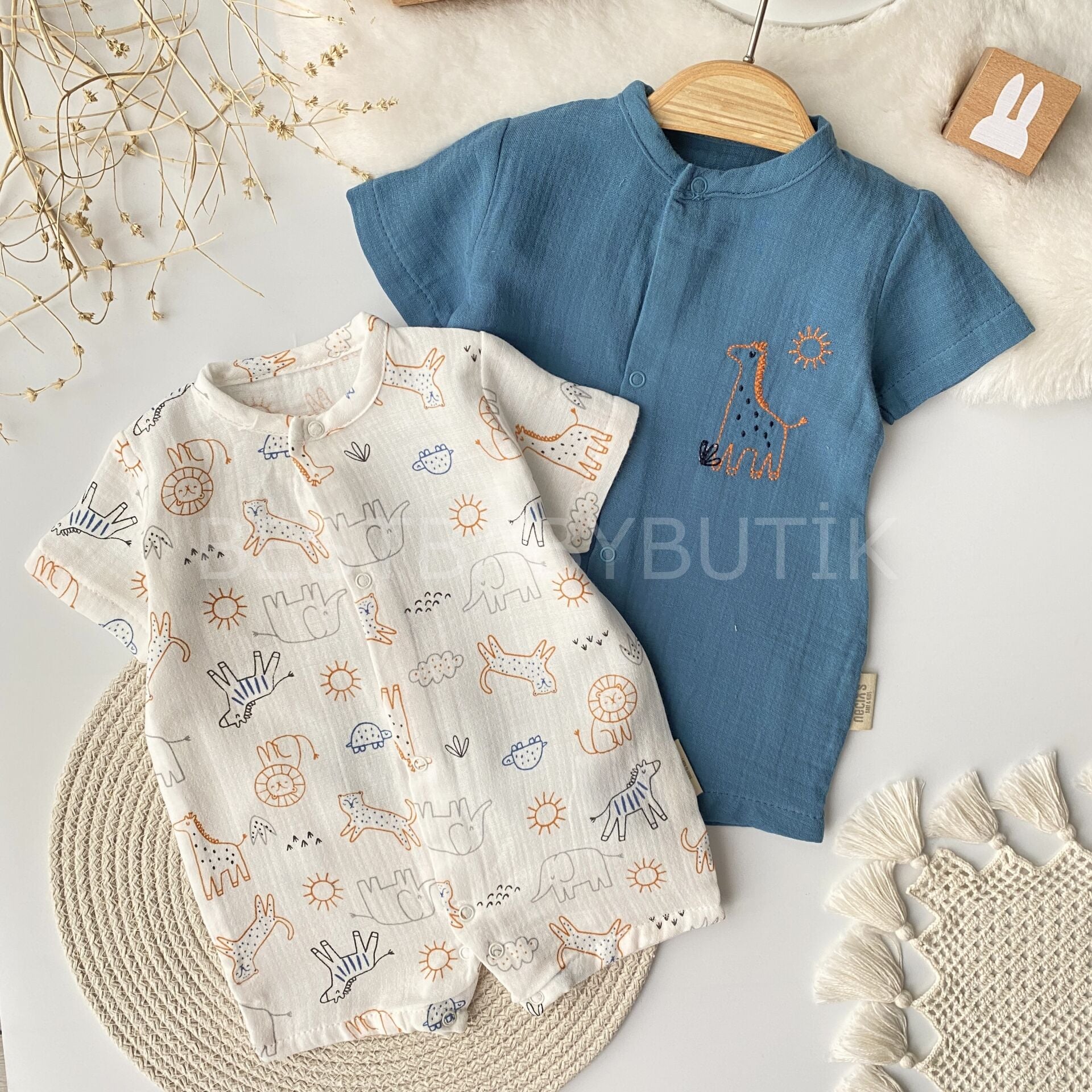 Safari Nakışlı Müslin 2’Li Barbatöz Tulum 3-6 AY