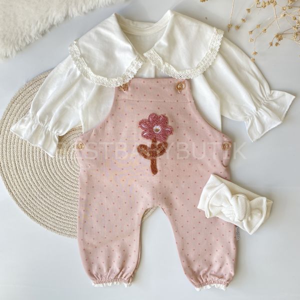 PAPATYA PANÇ İŞLEMELİ BÜYÜK BEBE YAKA BENEKLİ 2’Lİ SALOPET TAKIMI